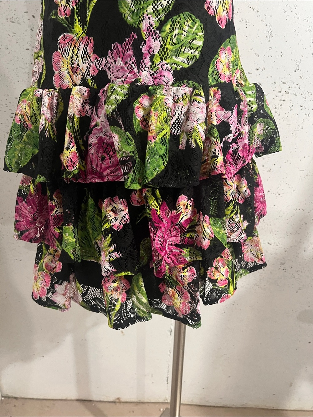 Kensie Black Lace Dress with Pink Floral & Green Leaf Print - Picture 2 of 7